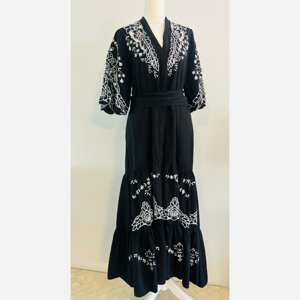 Kobi Halperin Black Maxi Dress with White Floral Embroidery, Ruffles-Small - Picture 10 of 11